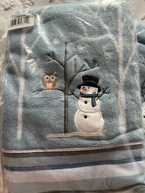 Light Blue Snowman Embroidered Bath Towel - Holiday Design